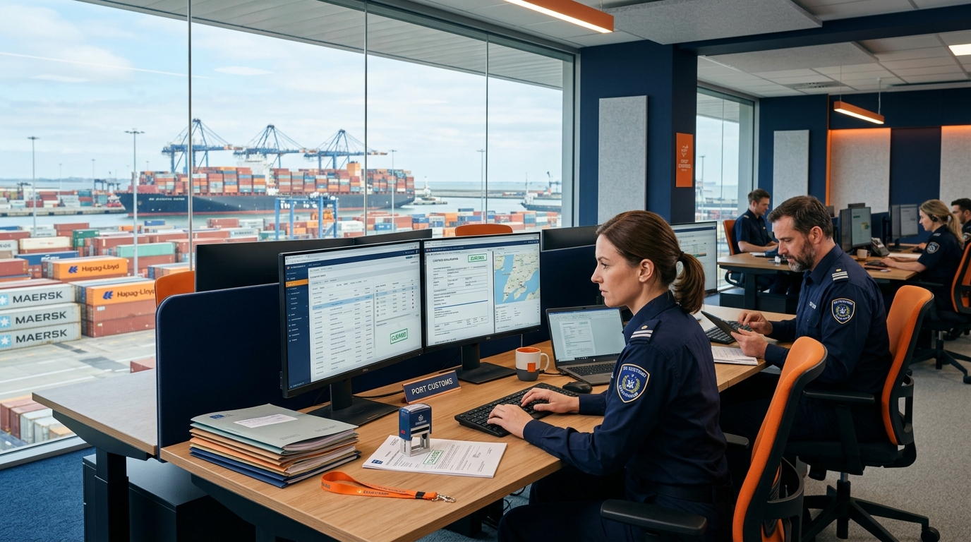 Escritório de despacho aduaneiro com vista para terminal portuário